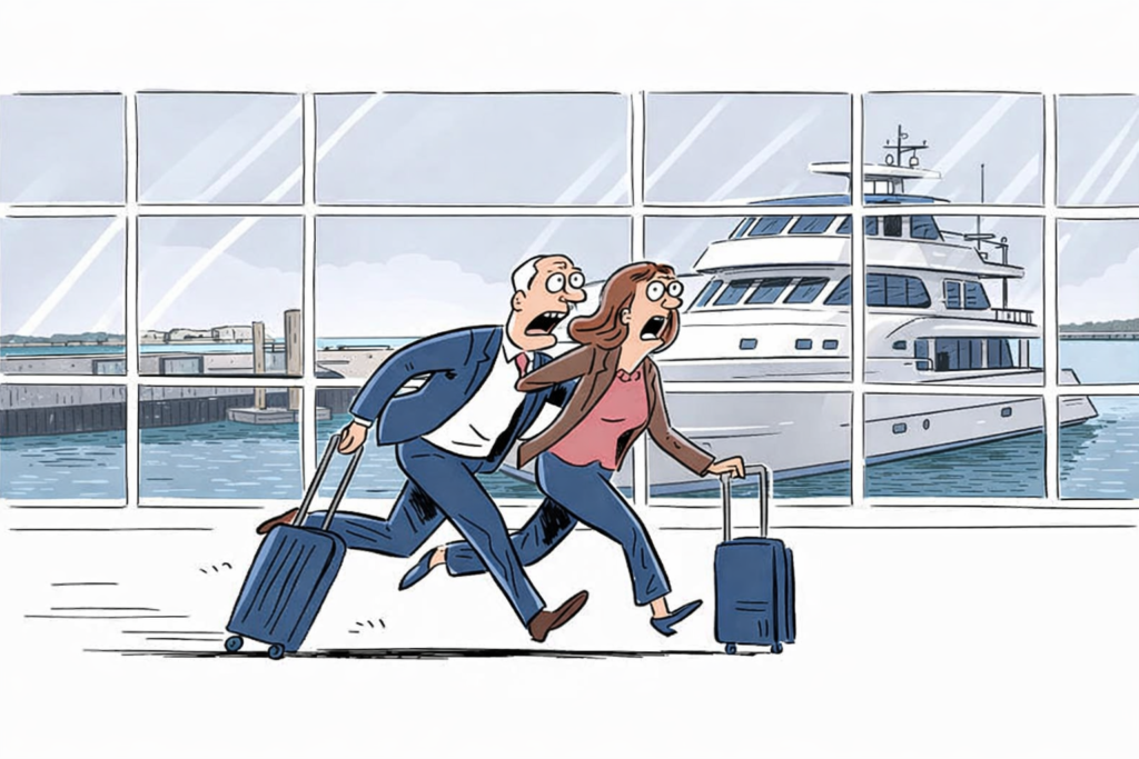 Two people with luggage rushing indoors, with a large yacht visible through windows.