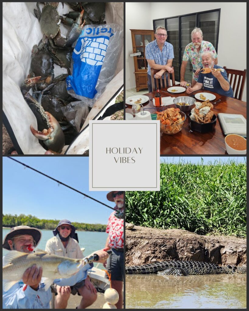 Collage: crabs in a cooler, three men dining, group fishing, crocodile on riverbank.
