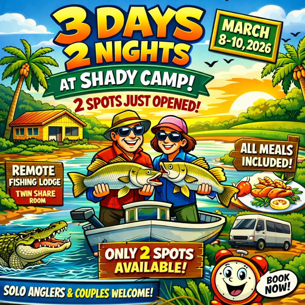 3 days shared fishing charter with fish, boat, lodge, crocodile, meals included.