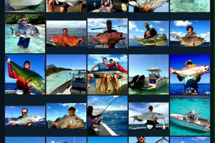 Collage of people fishing on boats with various large fish in New Caledonia.