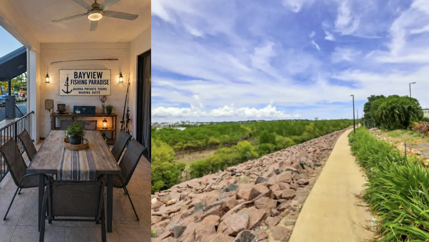 Dining area and pathway with greenery under blue sky.