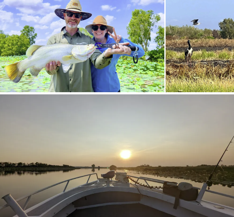 Collage of couple with fish, an egret in a field, and a boat on water at sunset.