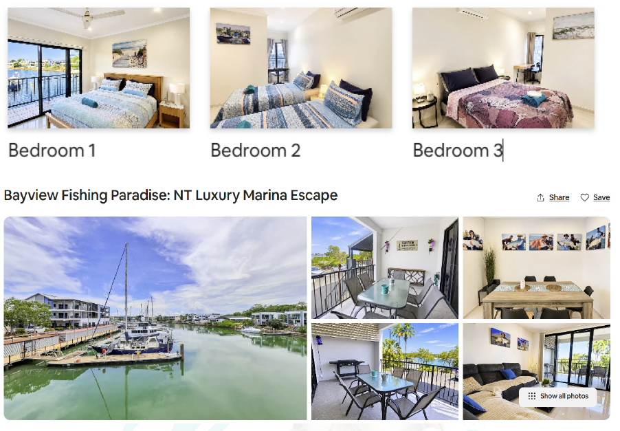 Collage of three bedrooms and marina views. Bedrooms with different bed arrangements, marina with docked boats.