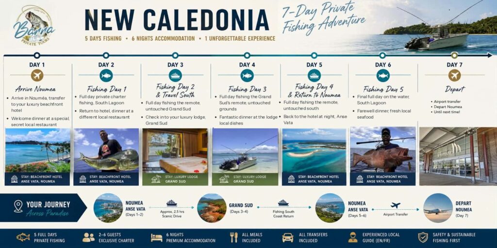New Caledonia 7-Day Fishing Adventure itinerary with images and activity details.