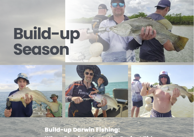 Collage of people holding large fish with text 'Build-up Season' and 'Build-up Darwin Fishing'.