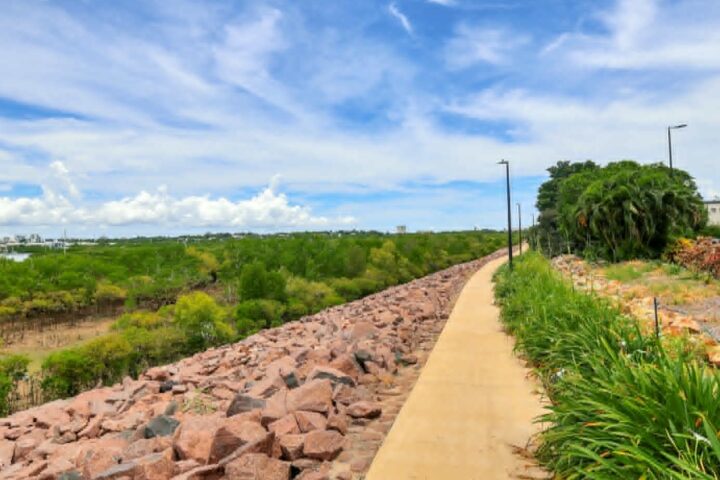 Pathway with rocks and greenery under a blue sky with clouds.