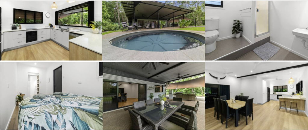 Collage of house interiors, kitchen, bedroom, bathroom, dining, and outdoor pool area.